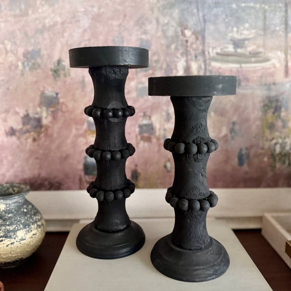 Sagebrook Home Wood Antique Style Candle Holder Black Set of 2.